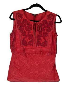 Reba Red Silk and Linen sleeveless intricate embroidered top size 8